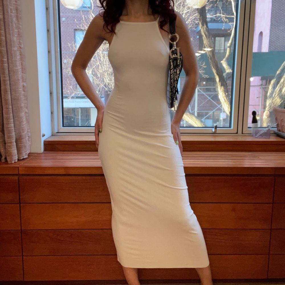 reformation white ribbed midi bodycon dress
